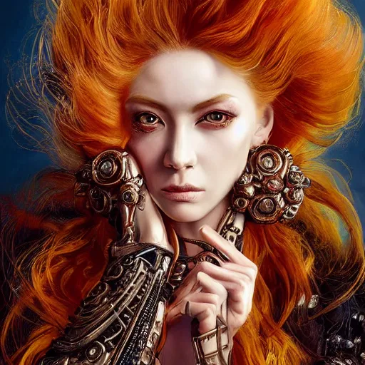 Image similar to portrait, headshot, insanely nice professional hair style, dramatic hair color, digital painting, of a old 17th century, old cyborg Supermodel, amber jewels, baroque, ornate clothing, scifi, realistic, hyperdetailed, chiaroscuro, concept art, art by Franz Hals and Jon Foster and Ayami Kojima and Amano and Karol Bak,