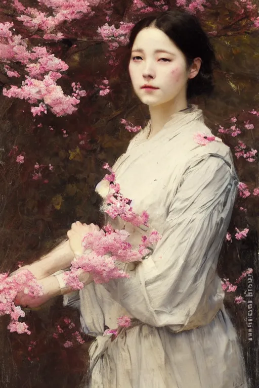 Image similar to Solomon Joseph Solomon and Richard Schmid and Jeremy Lipking victorian genre painting full length portrait painting of a young beautiful woman from japan with cherry blossoms and cherry trees