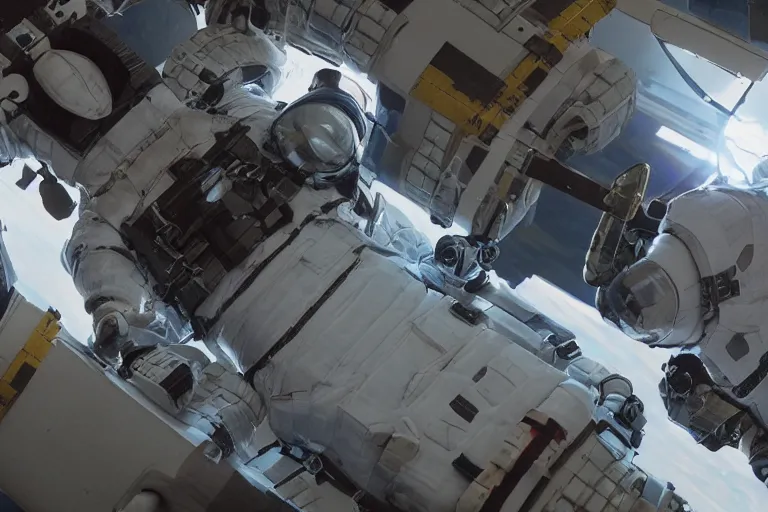 Image similar to sci-fi armored cosplay combat in space-station arena by Roger Deakins