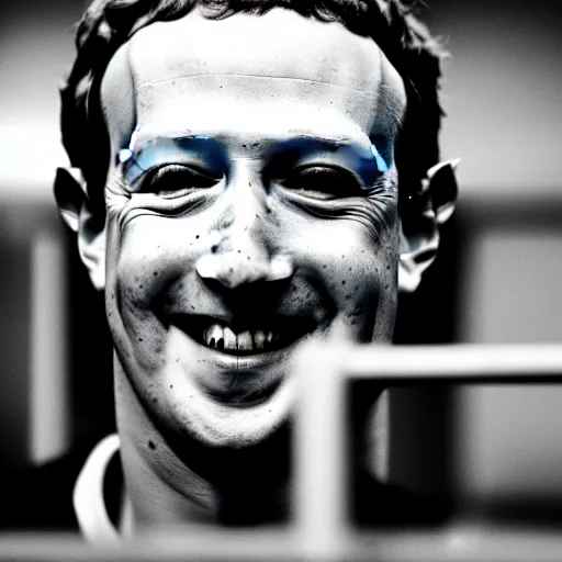 Image similar to mark zuckerberg with lizard eyes, smiling, sitting in underground military base, photo, 3 5 mm