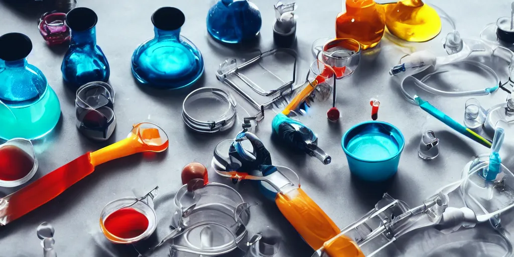 Image similar to instruments being used to mix chemicals, scientist, blender, 3d, apartment