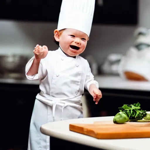 Image similar to tiny and innocent baby yoda appears as a chef wearing a white chefs hat and apron in a beautiful kitchen, preparing some food