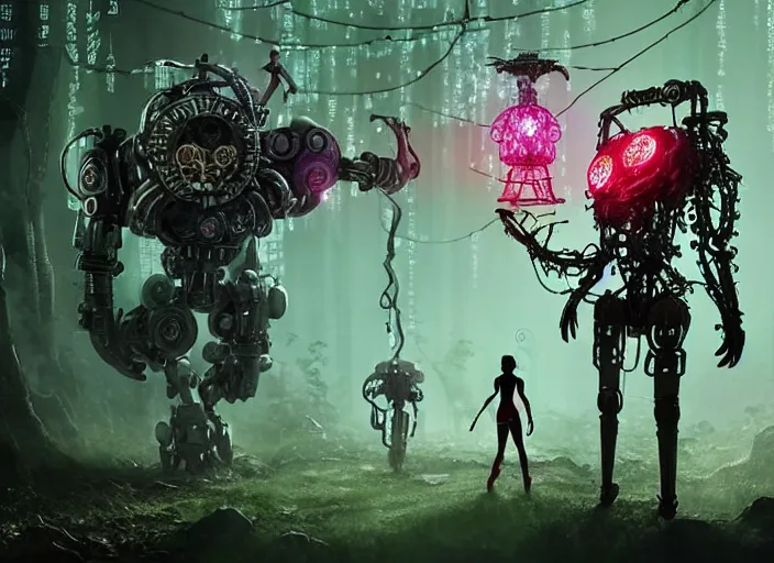 Image similar to intricate mechanical fairy with visible gears having tea with a cyborg demon in a magical forest, having tea with a giant minotaur. Very detailed 8k. Fantasy cyberpunk horror. Sharp. Cinematic post-processing