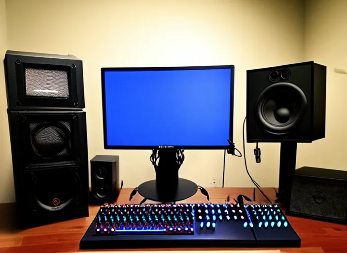 Image similar to moderator stance, sound filter, 6 monitors, pedals, drums, a gaming guitar, controller, 6 consoles, 1 0 computers, bunch of wires, soundpads, speakers, antena, satellite, dog, dog cam, cat cam, cat tree cat this