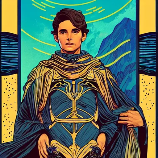 Image similar to majestic dune themed paul atreides messianic tarot card by sachin teng, artgerm, alphonse mucha, masterpiece, organic painting, matte painting, technical geometrical drawing shapes, lightning electricity coil, hard edges, graffiti, screen printing poster art by sachin teng