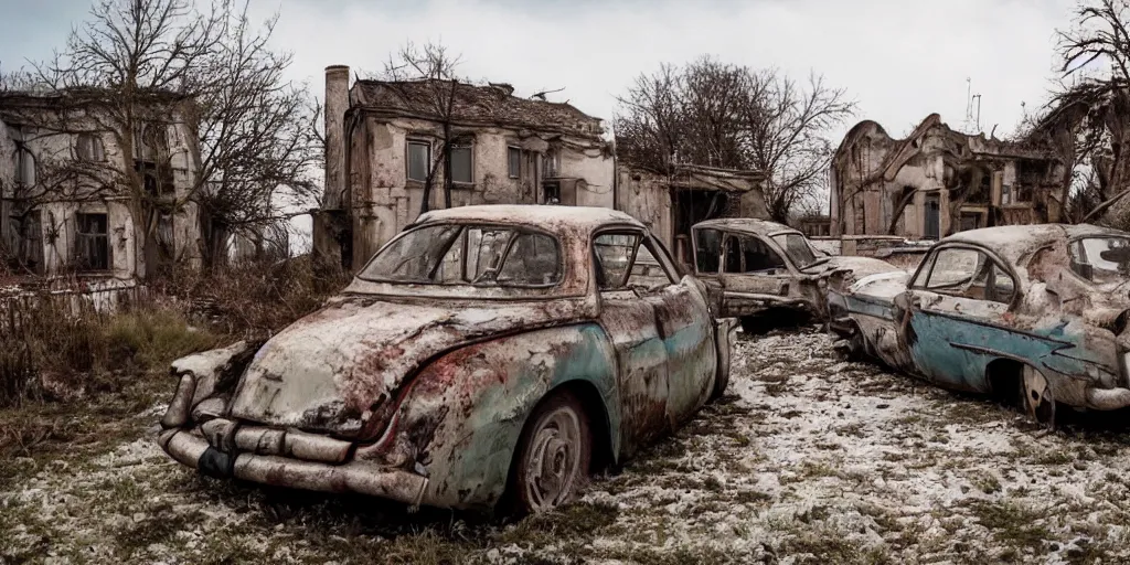 Image similar to low wide angle shot of dilapidated fallout 5 europa, retro futuristic overgrown euro rural town, desolate, dilapidated houses, few rusted retro futuristic vintage parked vehicles like cars, volumetric lighting, photorealistic, daytime, spring, clear weather, sharp focus, ultra detailed, 3 5 0 0 k