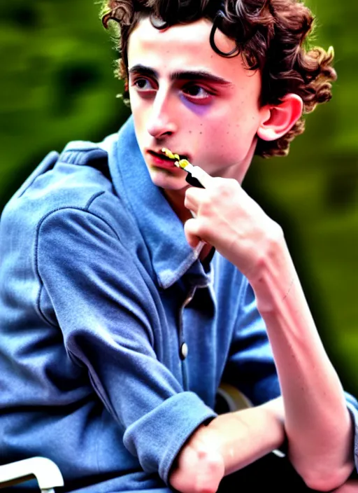 Image similar to timothee chalamet smoking a joint sitting in a wheel chair, photo, realistic