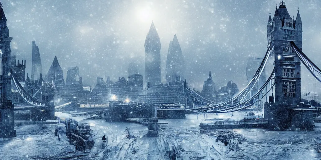 Prompt: london in winter ， prometheus film style, realistic, cinematic, trending on artstation, 8 k,
