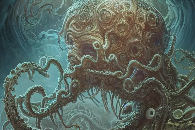 Image similar to a lovecraftian painting of cthulhu face of cosmic horror, cosmic horror elements, ultra realistic, concept art, intricate details, eerie, highly detailed, photorealistic, octane render, 8 k, unreal engine. art by artgerm and greg rutkowski and alphonse mucha