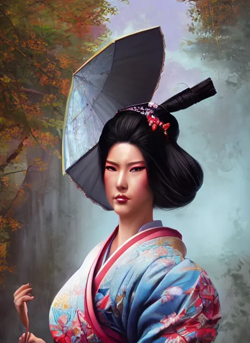 Prompt: hyper realistic geisha, by artgerm, background by greg rutkowski