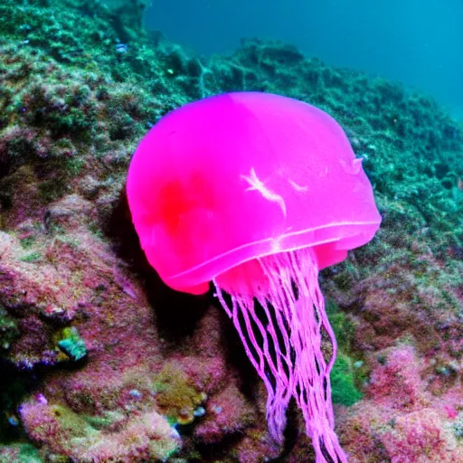 Prompt: pink jellyfish hits Bob's sponge with a net