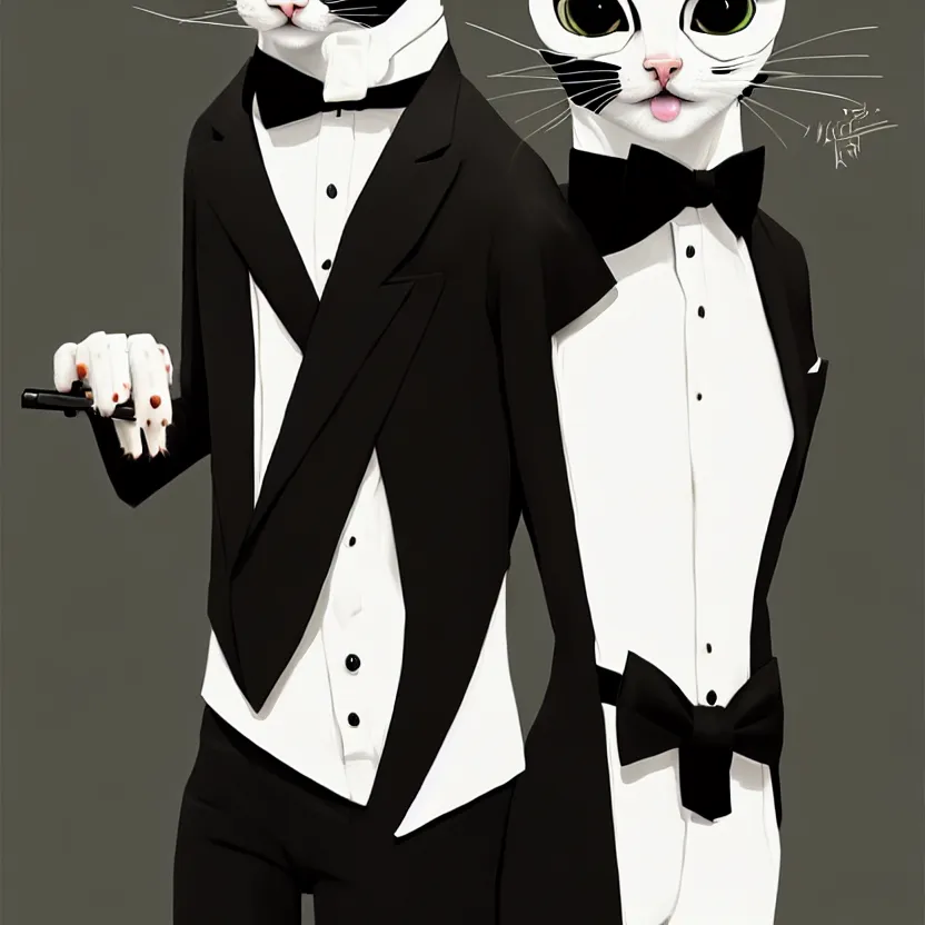 Image similar to slim cruel business humanoid ginger cat in tuxedo with black bob hair, elegant, 2 d, ultra highly detailed, digital painting, smooth, sharp focus, artstation, art by ilya kuvshinov!