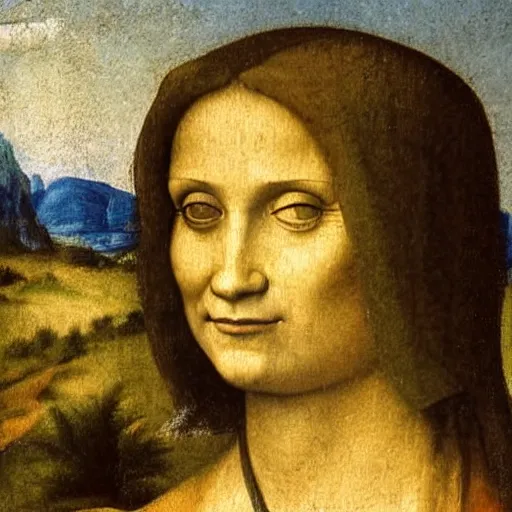 Image similar to Portrait of a smiling Italian woman with arms crossed, against a distant landscape background, 1505. Oil painting by Leonardo da Vinci.