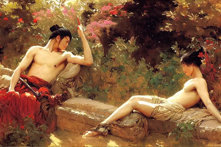 Prompt: wuxia, autumn, attractive male rest in the garden, painting by gaston bussiere, craig mullins, j. c. leyendecker