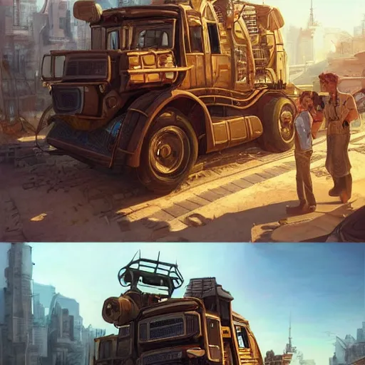 Prompt: a lofi vaporwave steampunk construction truck transformer in an overpopulated construction site, highly detailed, digital painting, artstation, concept art, sharp focus, illustration, d & d, fantasy, hearthstone, art by artgerm and greg rutkowski and alphonse mucha