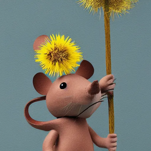 Prompt: a sad mouse with a backpack hanging on a dandilion, linolium print, artistic, 4k