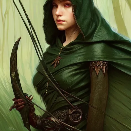 Image similar to beautiful natural cottagecore archer elf hooded longbow verdant lush raven crow, intricate, elegant, highly detailed, digital painting, artstation, concept art, smooth, sharp focus, illustration, art by artgerm and greg rutkowski and alphonse mucha and loish and wlop