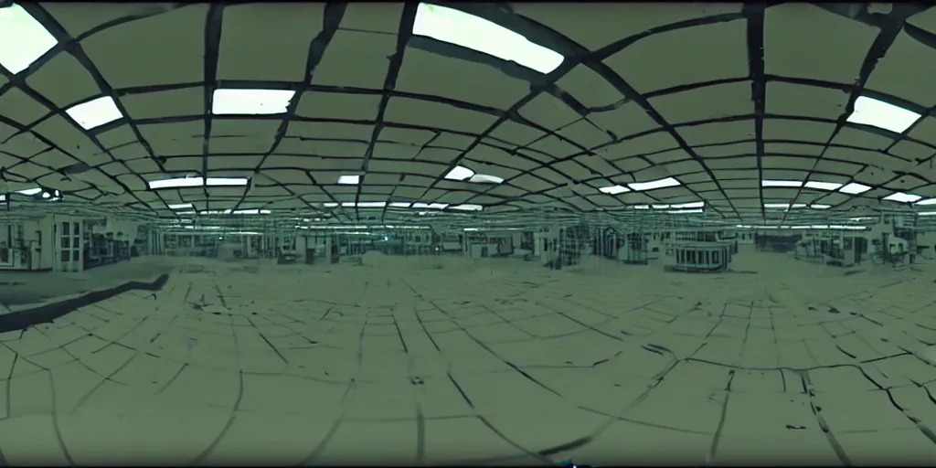 Image similar to abandoned human robot android factory in a mall, distorted 8 mm video still