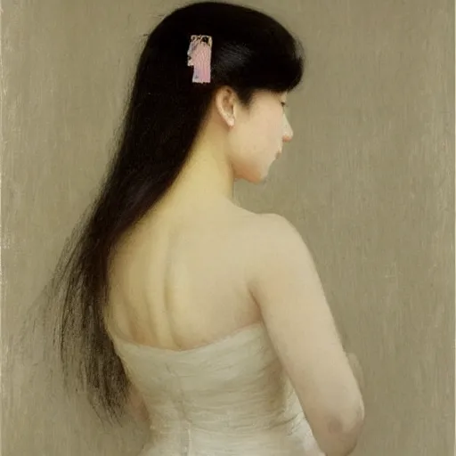 Image similar to asian girl with long hair, back view, wedding dress, by ramon casas