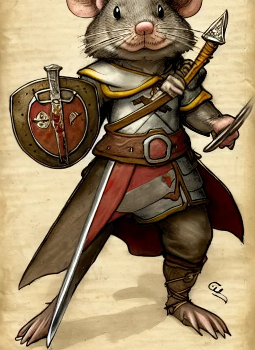 Image similar to a heroic mouse knight with sword and shield on a parchment background, redwall, greg rutowski and jean baptiste monge, detailed, epic fantasy concept art