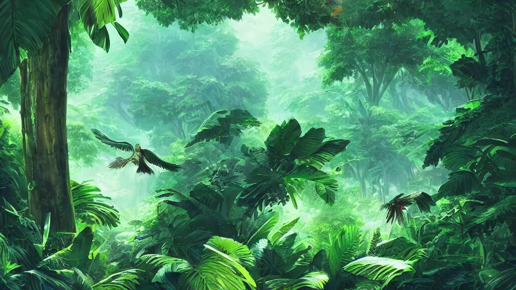 Prompt: giant green winged monster flying through a lush jungle, obscured by giant trees, by sylvain sarrailh, rossdraws, ambient light, ultra detailed, fantasy artwork, 8 k, volumetric lighting, trending on artstation, award winning, very beautiful.