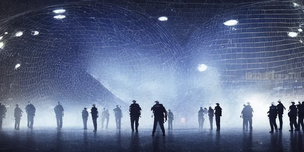 Prompt: a lot of policemen protect a huge spiral - shaped luminous object right in the center of the city from protesting people, night, rain and light fog, professional lighting, concept art in 3 d, high detail, professional lighting