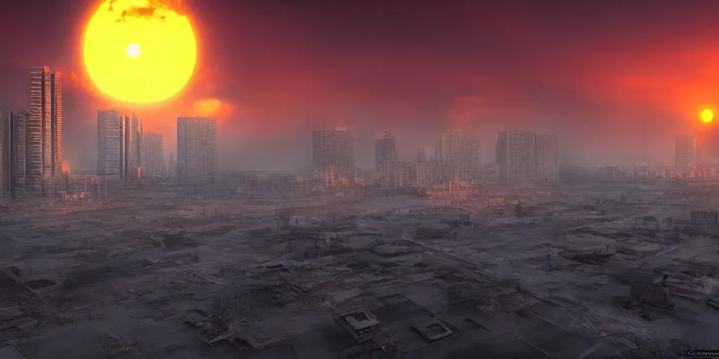 Prompt: nuclear winter, jakarta city, near future, fantasy, sci - fi, hyper realistic, serene, sunset.