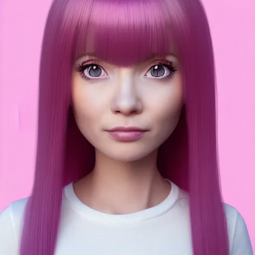 Image similar to A portrait of Nikki from Shining Nikki and Love, a cute 3d cgi toon young woman with long light pink hair, full bangs, hazel eyes, full face, light makeup, pale skin, Chinese heritage, cute outfit, medium shot, mid-shot, hyperdetailed, 8k, trending on artstation, as a Pixar character