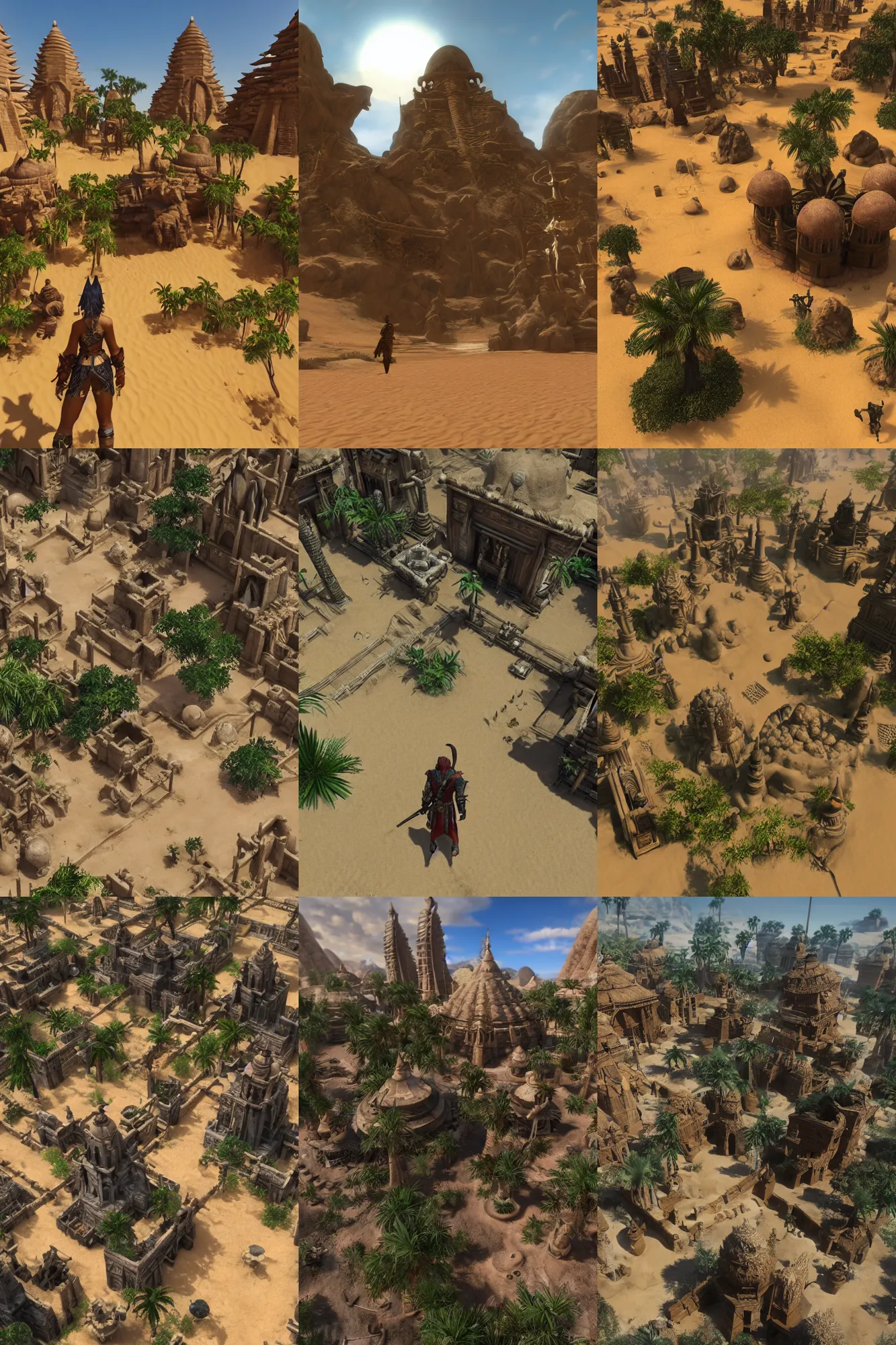 Prompt: an isolated bustling religious warrior village with spiritual sacred alien architecture in the lush oasis of a vast hot sand desert, 3 rd person action adventure, let's play, walkthrough, screenshot, gameplay, final fantasy, square enix, jrpg, cutscene, unreal engine, 4 k, ultra high settings, rtx, next gen graphics, playstation 5