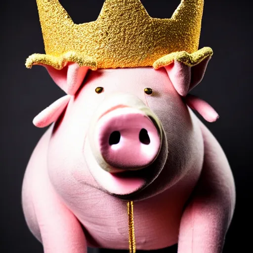 Image similar to studio photograph of a pig wearing a gold crown depicted as a muppet holding sign