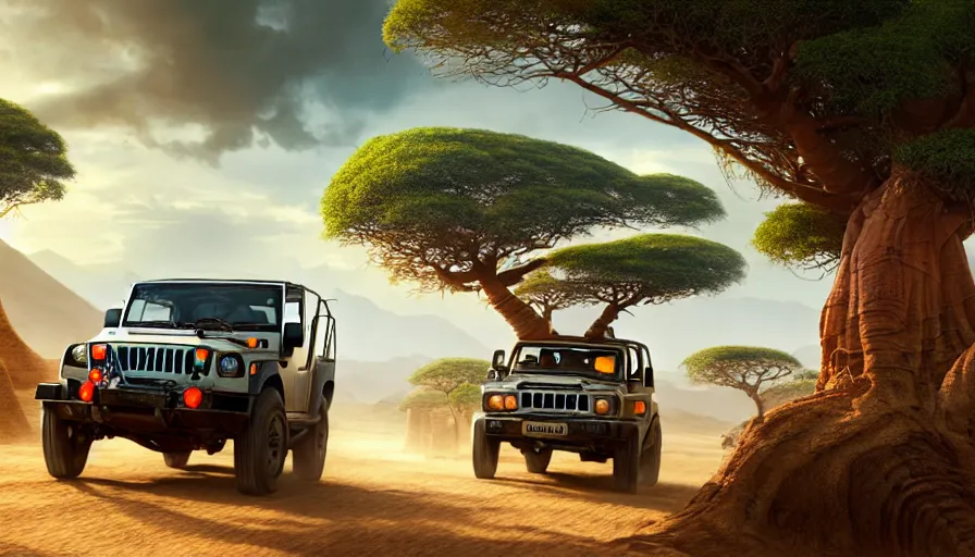 Image similar to mahindra thar driving through madagascar with baobabs trees, tribe members chasing for an attach, action scene, an epic fantasy, artgerm and greg rutkowski and alphonse mucha, an epic fantasy, volumetric light, detailed, establishing shot, an epic fantasy, cinematic, photorealistic, ultrarealistic, trending on art station, octane render, midsommar