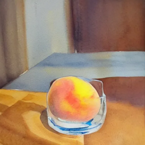 Prompt: watercolor still life of a glass of water and a peach next to each other on a glass table