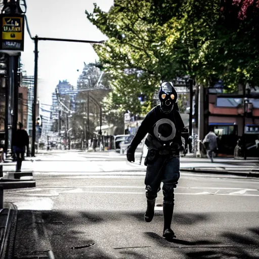 Image similar to man in a gasmask screaming walking down the streets of seattle, sunlight, sunny day, full shot