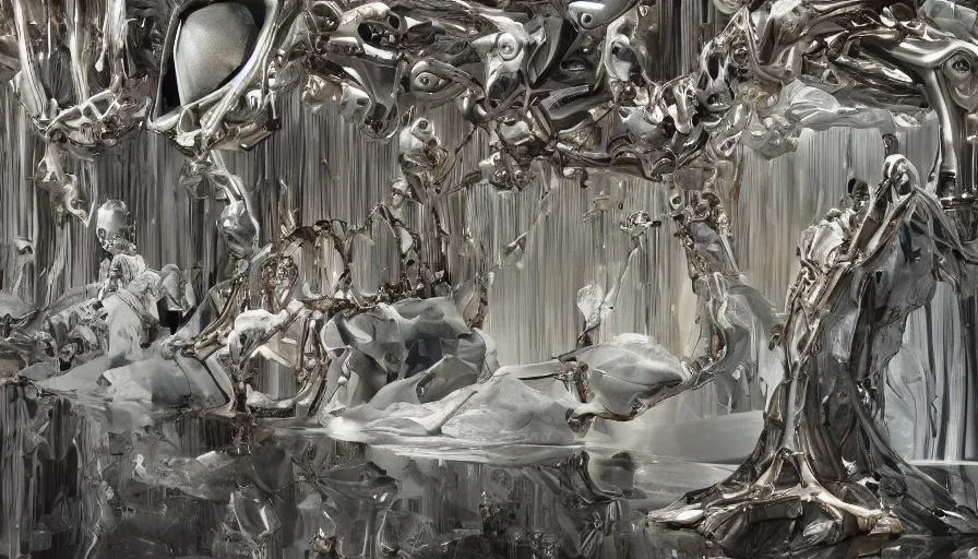 Prompt: 3 d skeletal cyborg waterfall ethereal contemporary art by kaws, james jean and salvador dali and shusei nagaoka, textured oil on canvas, expanded surrealism, neoclassicism, renaissance, depth of field, hyper realistic, cell shaded, metallic reflections, physically based rendering, 8 k