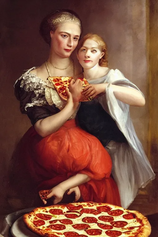 Image similar to historical photo of queen margherita ( savoy ) sharing a pizza! margherita with her slave girl, full body, portrait photo, diffuse light, acclaimed masterpiece