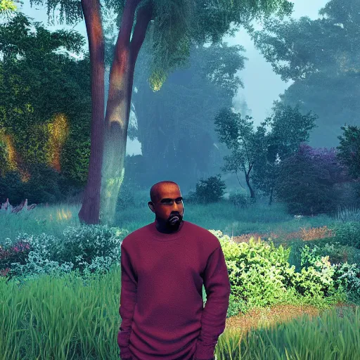 Prompt: a photo of kanye west in the middle of a garden, golden hour, dreamy, misty, cool, afrofuturistic, side shot, detailed, rendered in unreal engine
