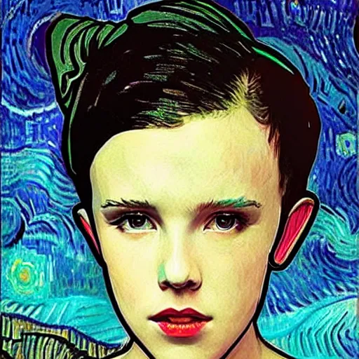 Image similar to Cyberpunk Millie Bobby Brown by Vincent Van Gogh