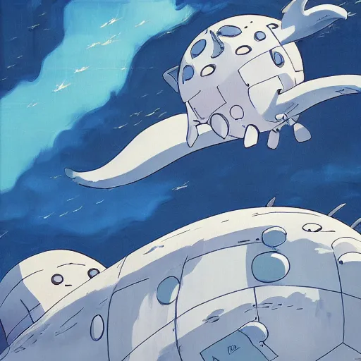 Image similar to huge white space whale, Miyazaki style, Studio Ghibli,moving castle, canvas, oil, animation, ultra details