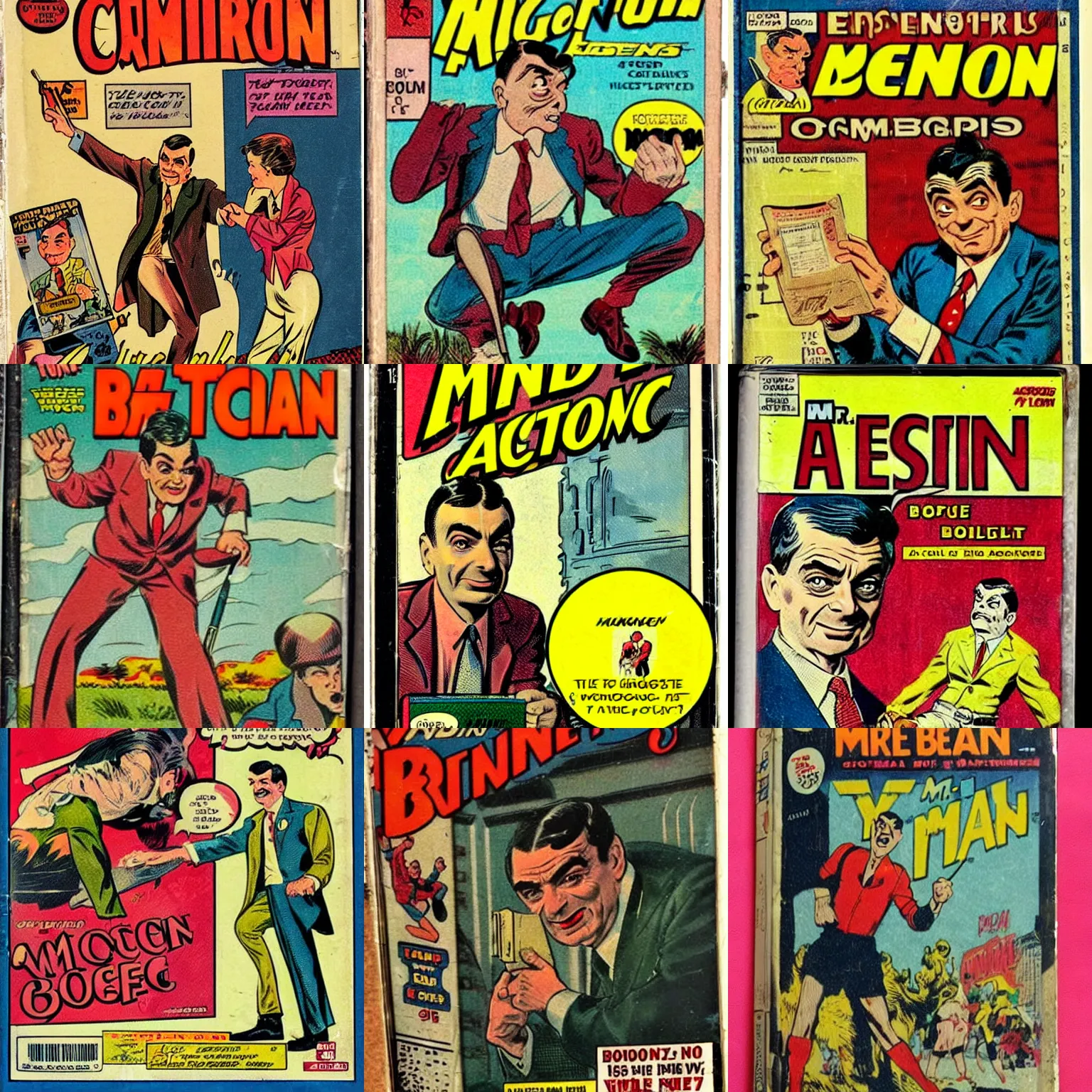 Prompt: vintage comic action book with mr bean