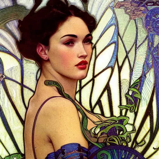 Image similar to a closeup portrait of a young megan fox, art nouveau, jugendstil, decorative background, spirals, painted by alphonse mucha