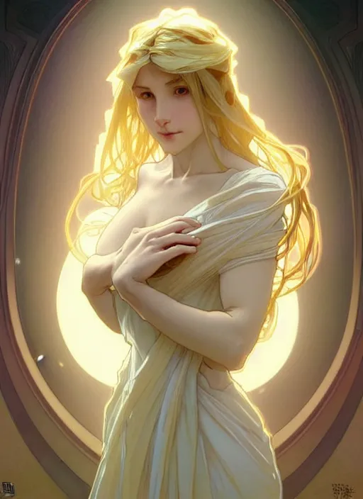 Prompt: a digital concept art by artgerm and greg rutkowski and alphonse mucha. clear portrait of a young wife blessed by god to uncontrollably become overwhelmingly perfect!! blonde, clothes, divine body!! light effect. hyper detailed, character concept, glowing lights!! intricate, elegant, digital painting, artstation, smooth, sharp focus