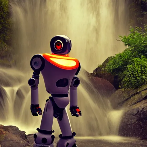 Prompt: [Robot(ian) { eyes(cute huge + luminous + glowing), view(full body + zoomed out), background(solid), action(Trying to stop a waterfall + wet), waterfall(beautiful, lushious, large)}]