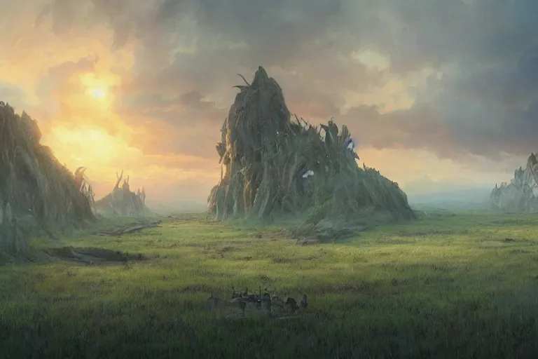 Image similar to high aerial cinematic fantasy painting, dungeons and dragons, a faerie village hovels, swamp reeds wetland marsh estuary, with sunset lighting ominous shadows by jessica rossier and brian froud cinematic painting