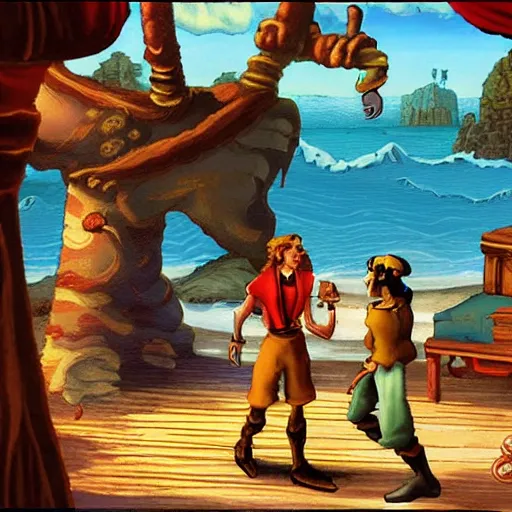 Image similar to guybrush threepwood confronts lechuck on monkey island. epic matte painting.