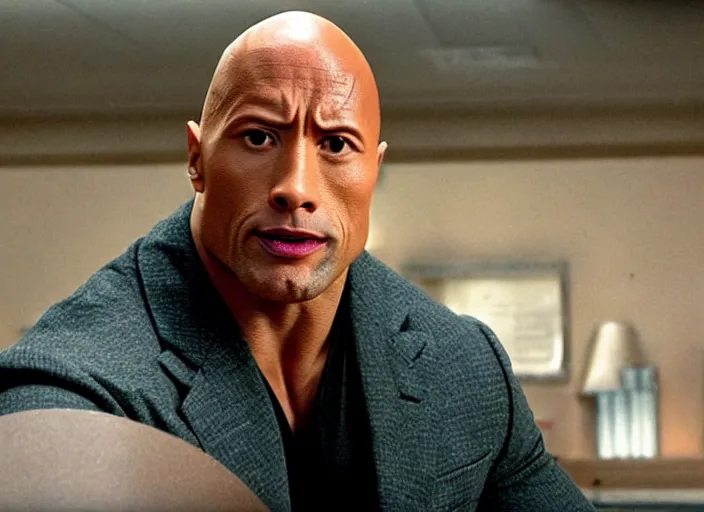 Image similar to film still of Dwayne Johnson as Doctor Evil sitting at the round metal table from Austin Powers