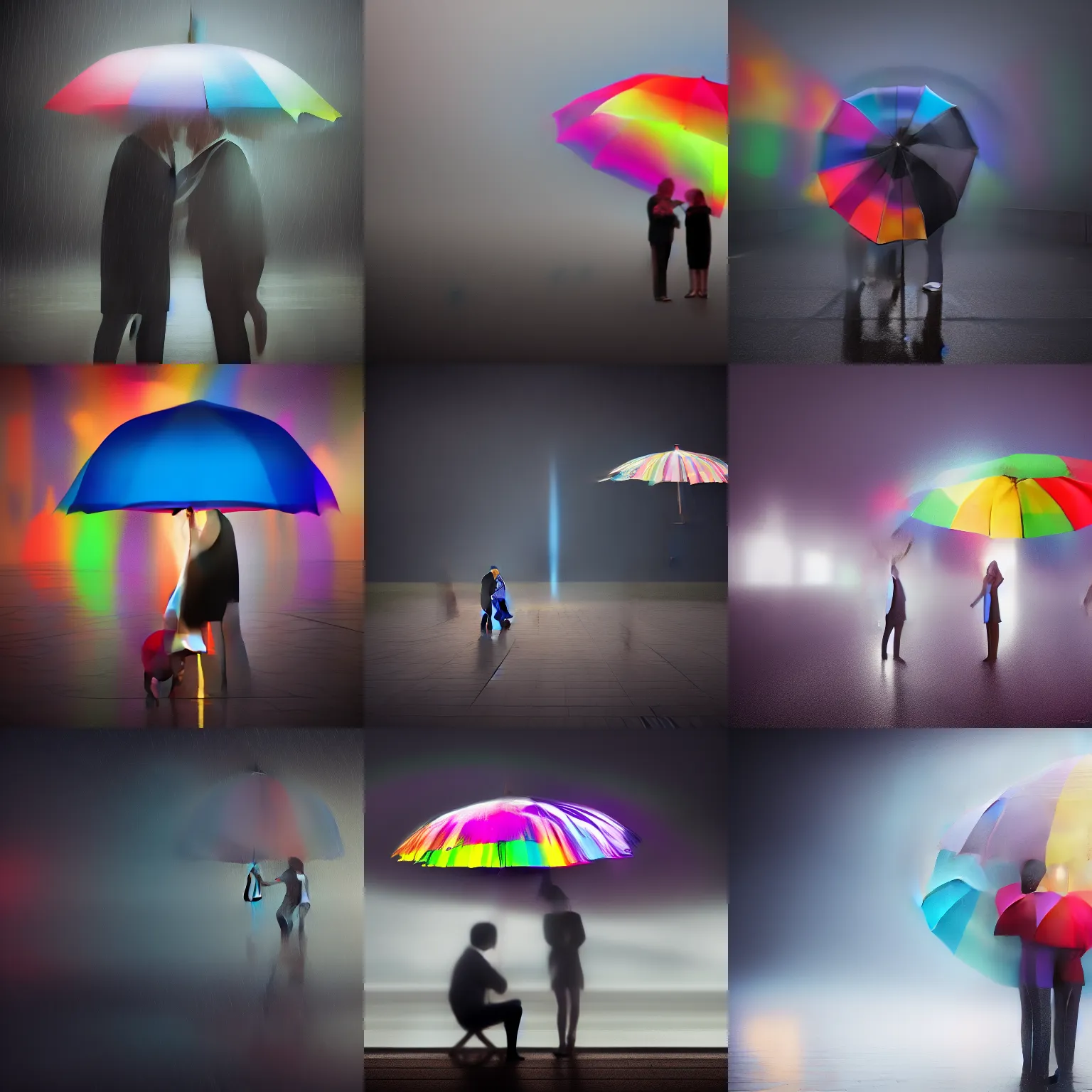 Prompt: umbrella under a heavy rain, a couple under the umbrella, a rainbow between the couple, high contrast, the background is very dark, unreal engine 5, artstation winner, 8k, octane render