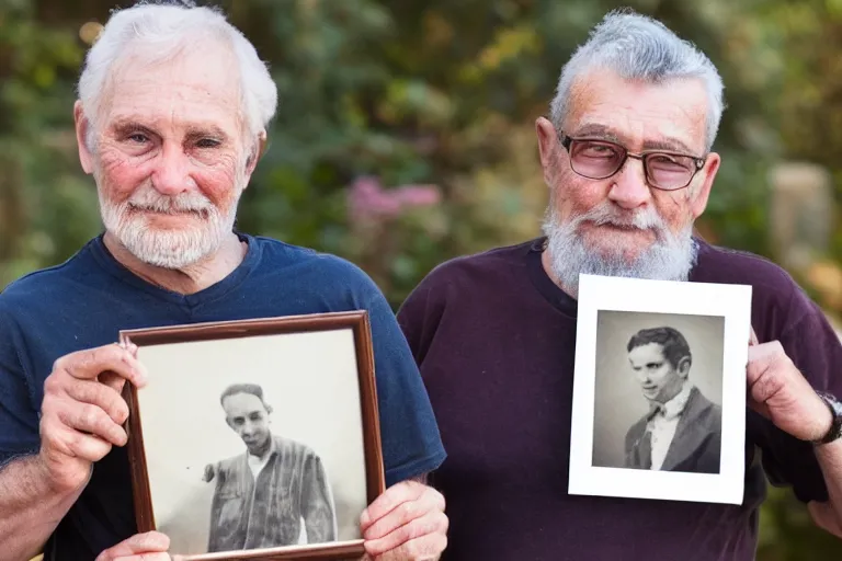 Image similar to young man holding a photograph of him as a old man