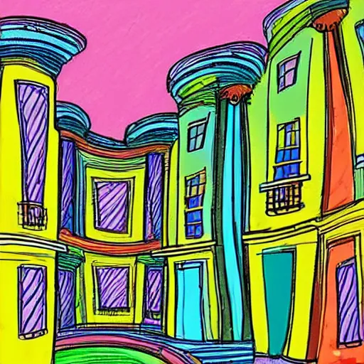 Image similar to a colorful drawing of a house with curved pillars and many floors, a storybook illustration by dr seuss, tumblr, psychedelic art, concept art, storybook illustration, whimsical