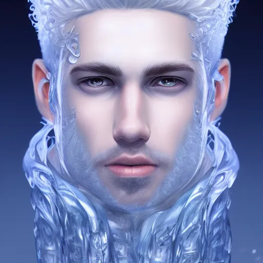 Prompt: award winning commission portrait of a man made of ice with curly hair,ice cracks.Digital art,hyperdetailed,detailed fa e,ross tran,character design by charles bowater,deviantart,artstation,photorealistic,4k