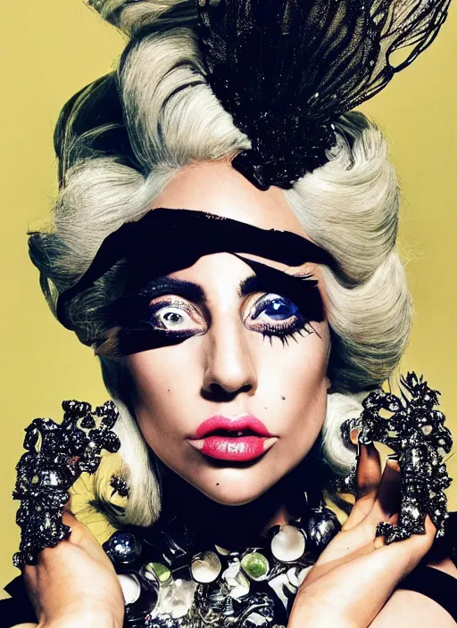 Image similar to lady gaga styled by nick knight posing, born this way 2 0 1 1 album inspired, photohoot, set pieces, intricate set, vogue magazine, canon, highly realistic. high resolution. highly detailed. dramatic. 8 k. 4 k.